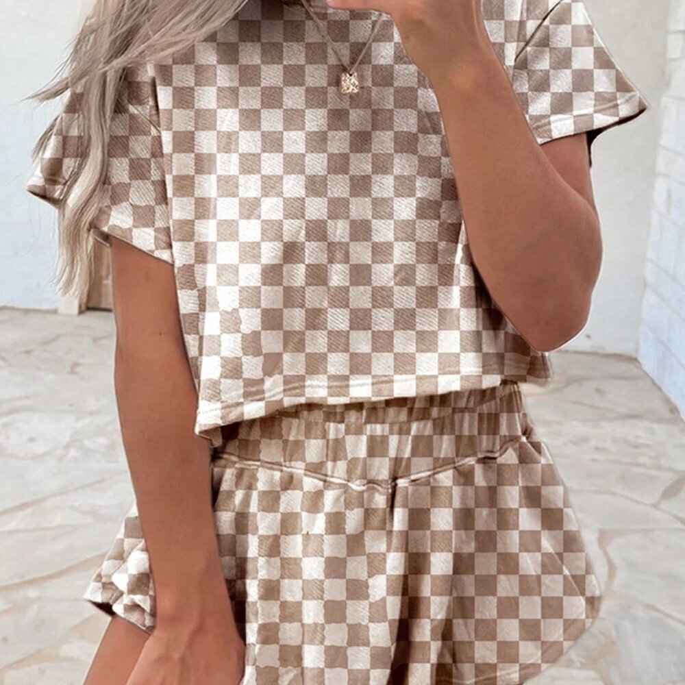 Casual Multicolor Women's Checkered T-Shirt & High Waist Skirt